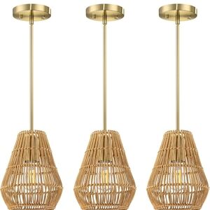 Brushed Bronze and Rattan Light Pendants